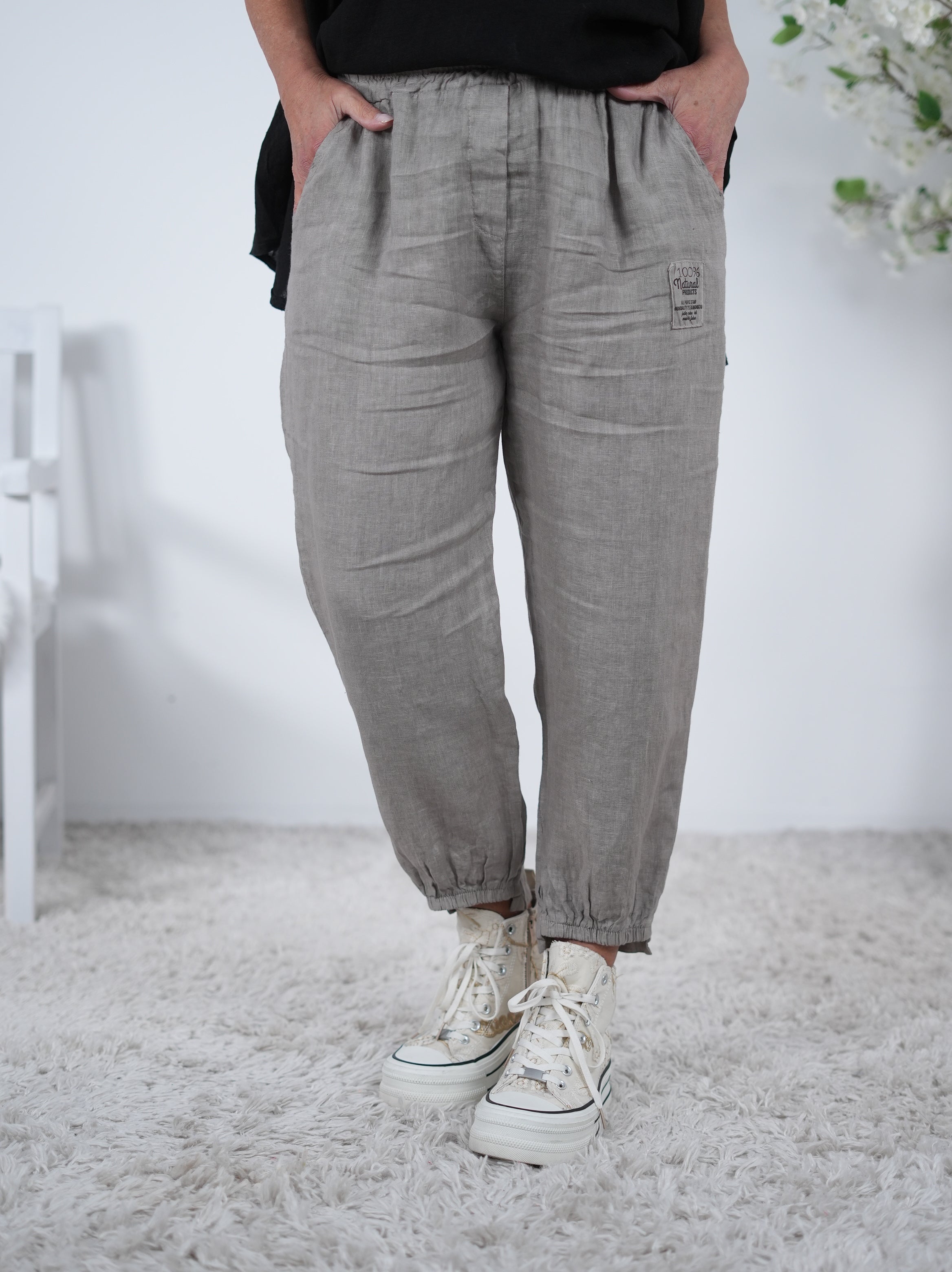 Luftige Leinen Pants mit Gummibund am Beinabschluss Einheitsgröße (ca Gr. 38-42) Taupe