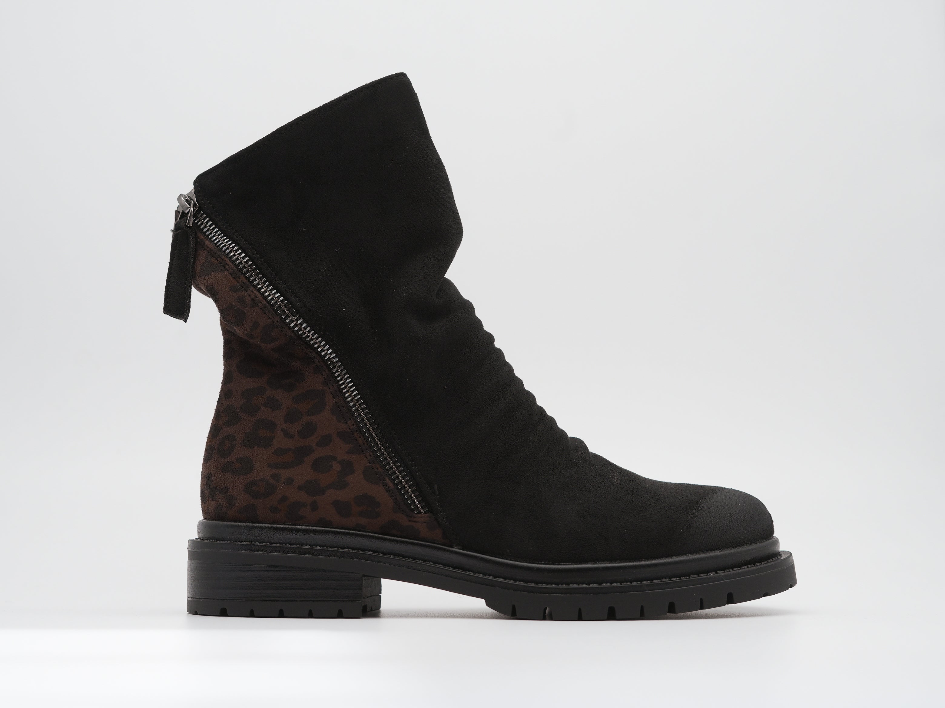 Ankle Boots mit seitlichem Reißverschluss Schwarz mit Leo