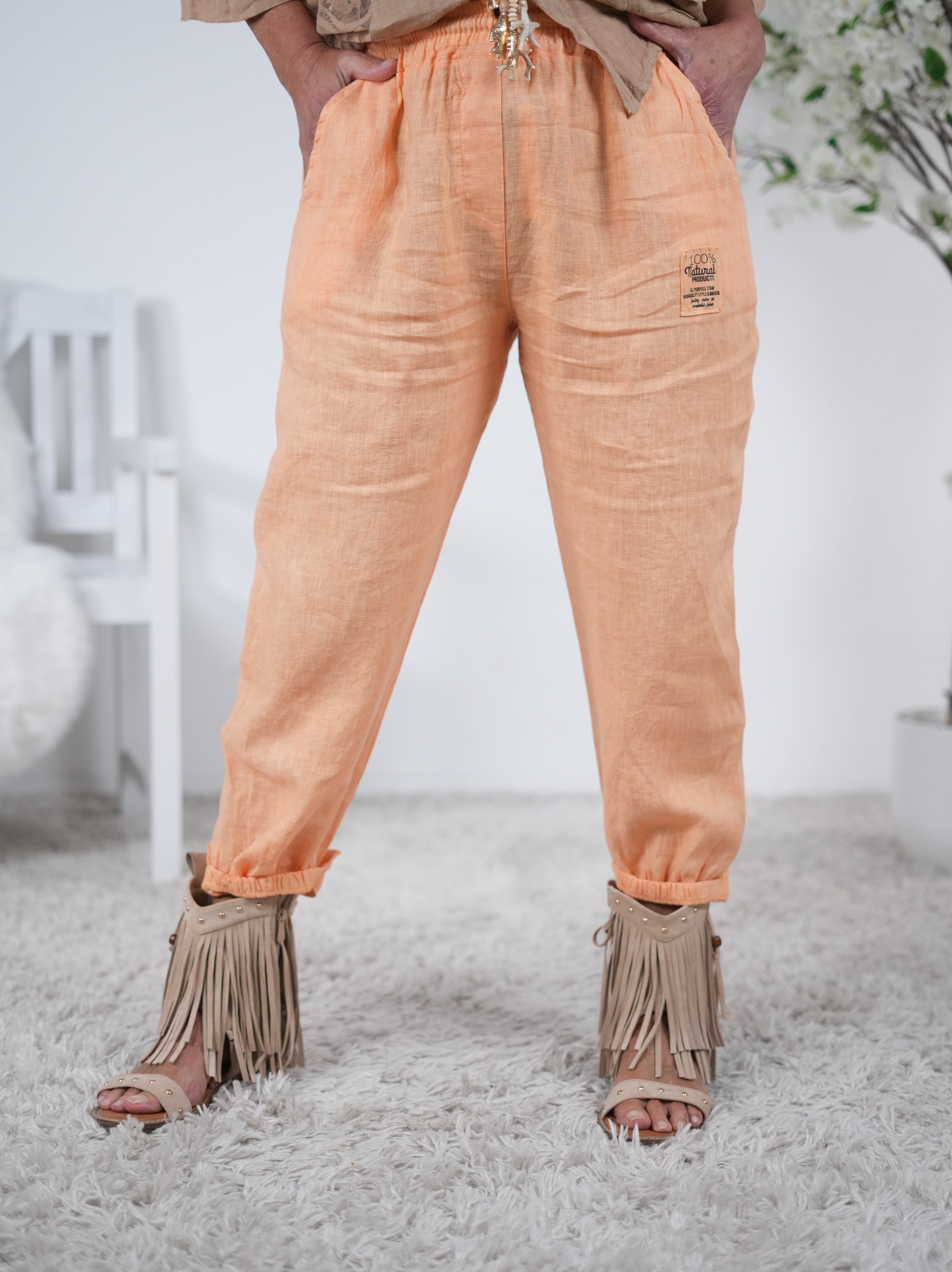 Luftige Leinen Pants mit Gummibund am Beinabschluss Einheitsgröße (ca Gr. 38-42) Apricot
