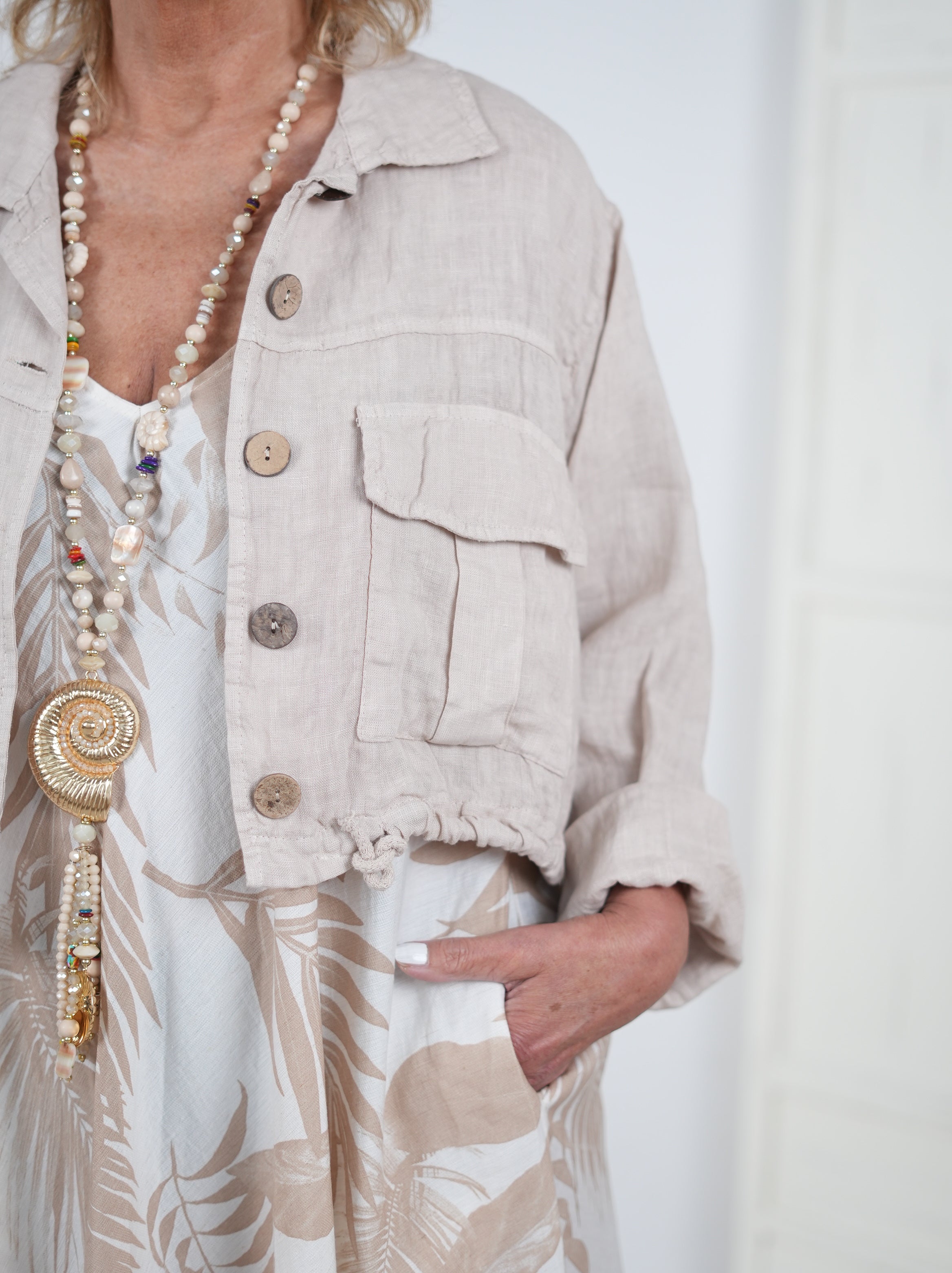 Crop Leinen Jacke mit Knopfleiste
