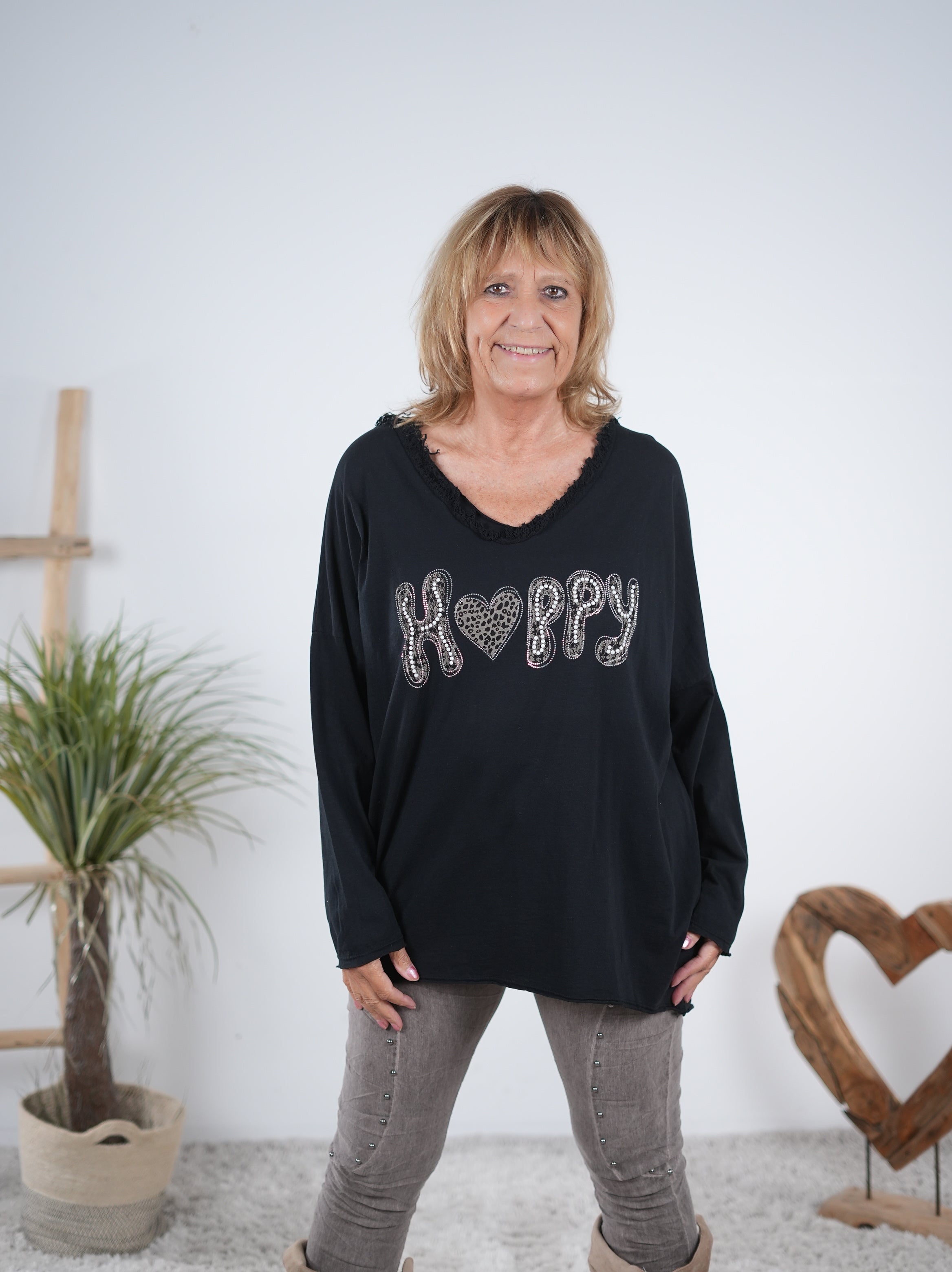langarm Shirt mit "Happy" Schriftzug Schwarz
