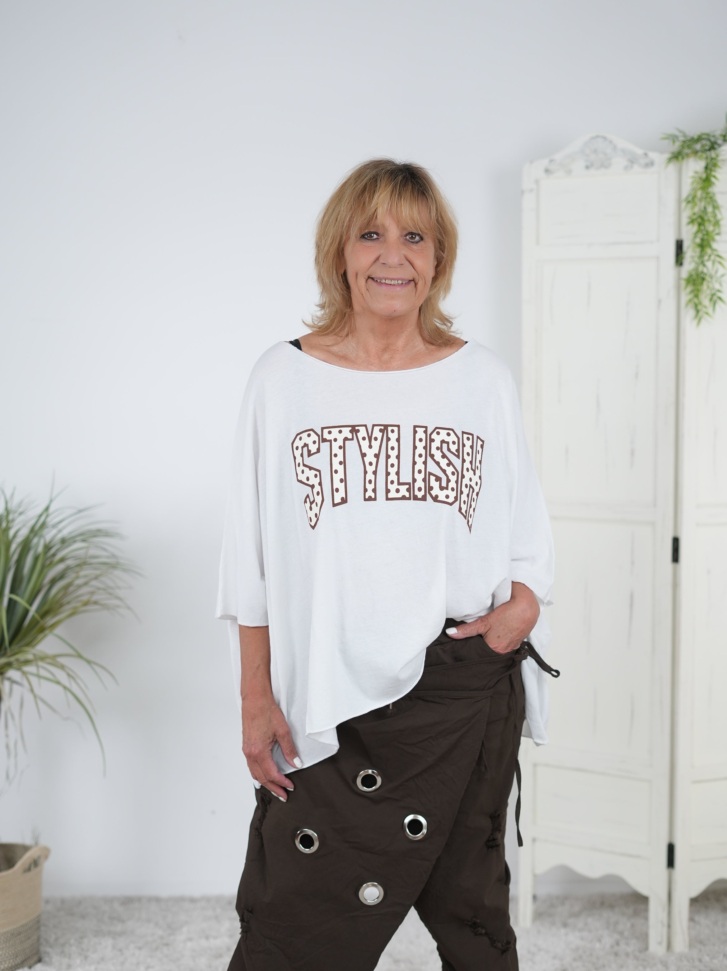 leichter oversize Poncho mit Schriftzug Weiß