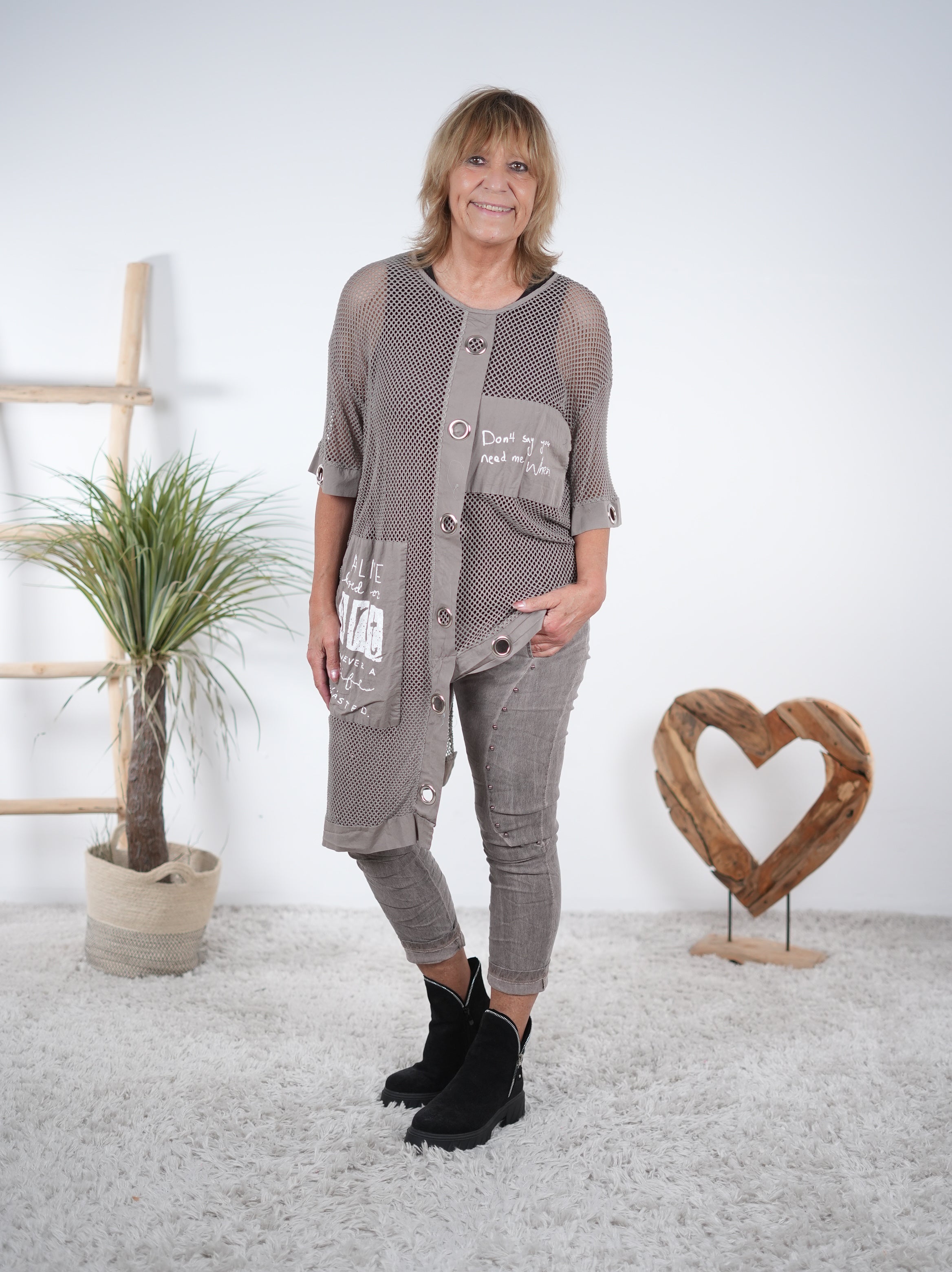 Netz Oberteil mit Ösen Verziert Taupe