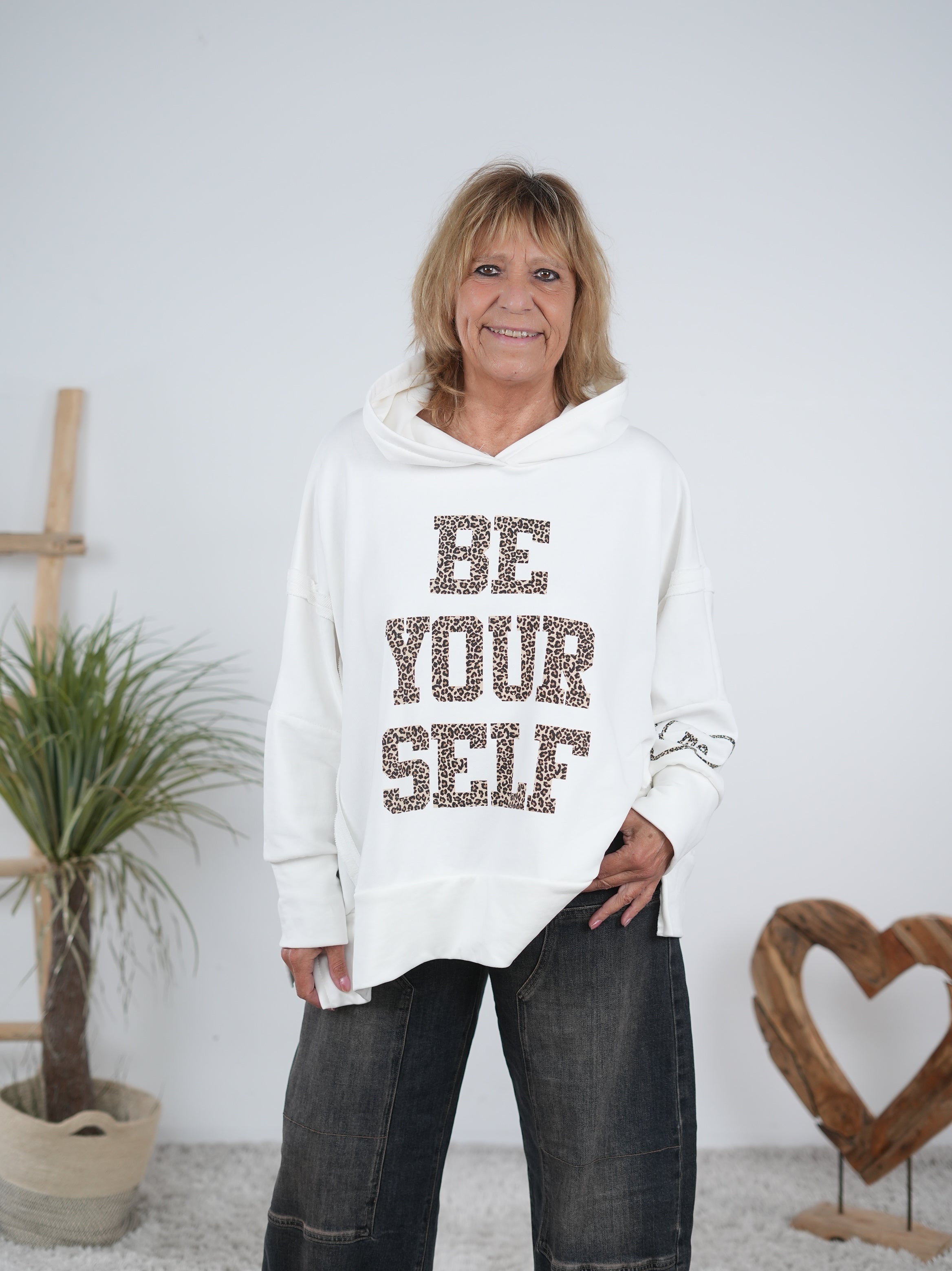 oversize Hoody mit großem Leo Print und Ärmelbündchen Weiß