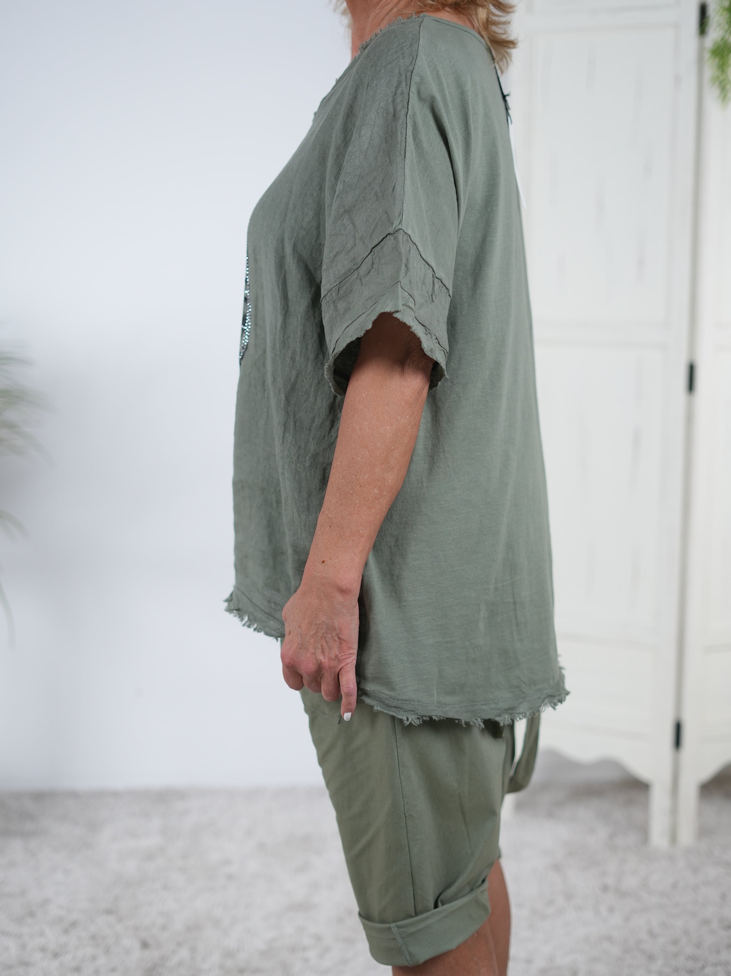 oversize Leinen Shirt mit Totenkopf Motiv