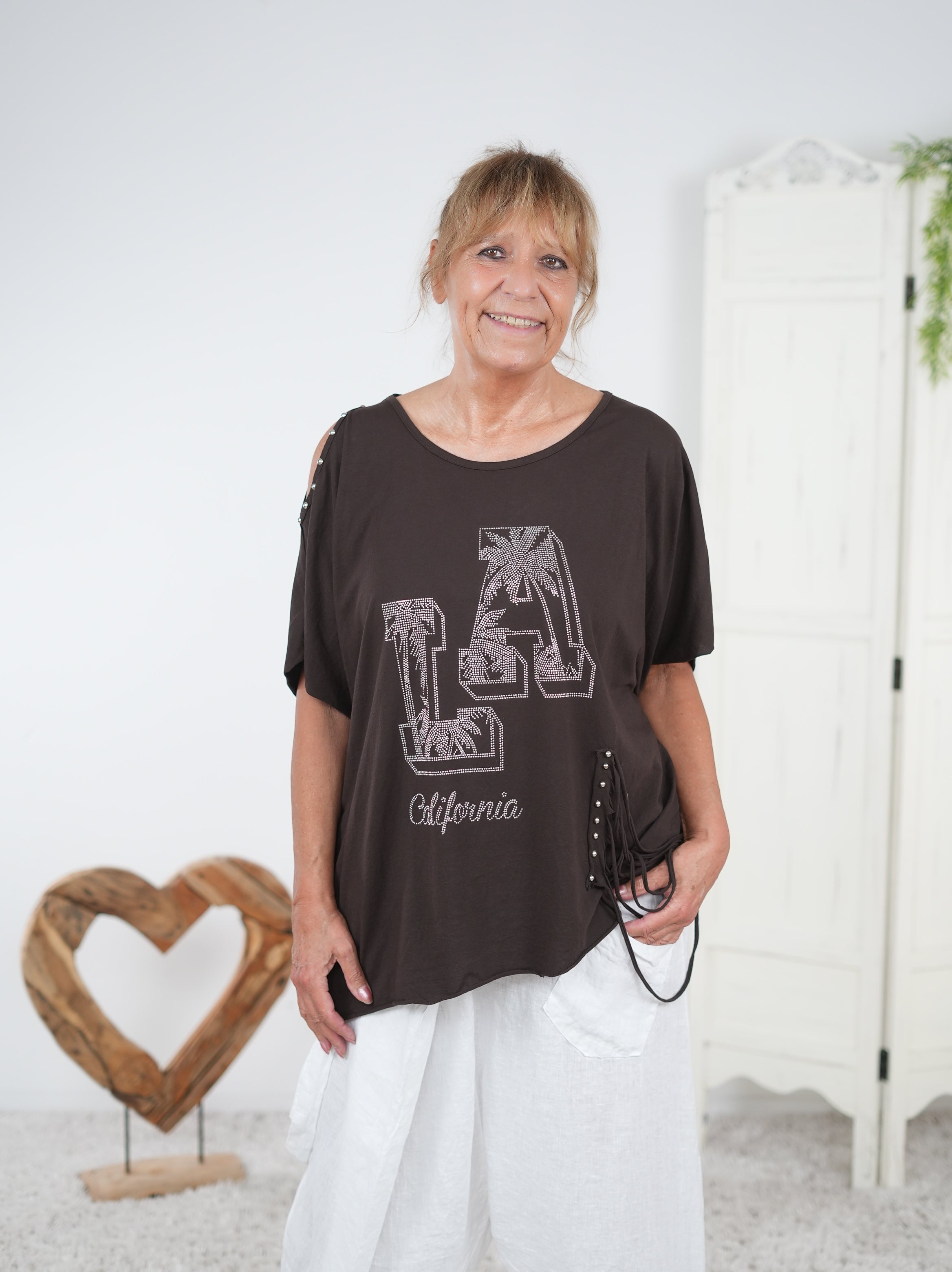 oversize Shirt mit Rundhalsausschnitt und großem Motiv aus Strasssteinen Schoko