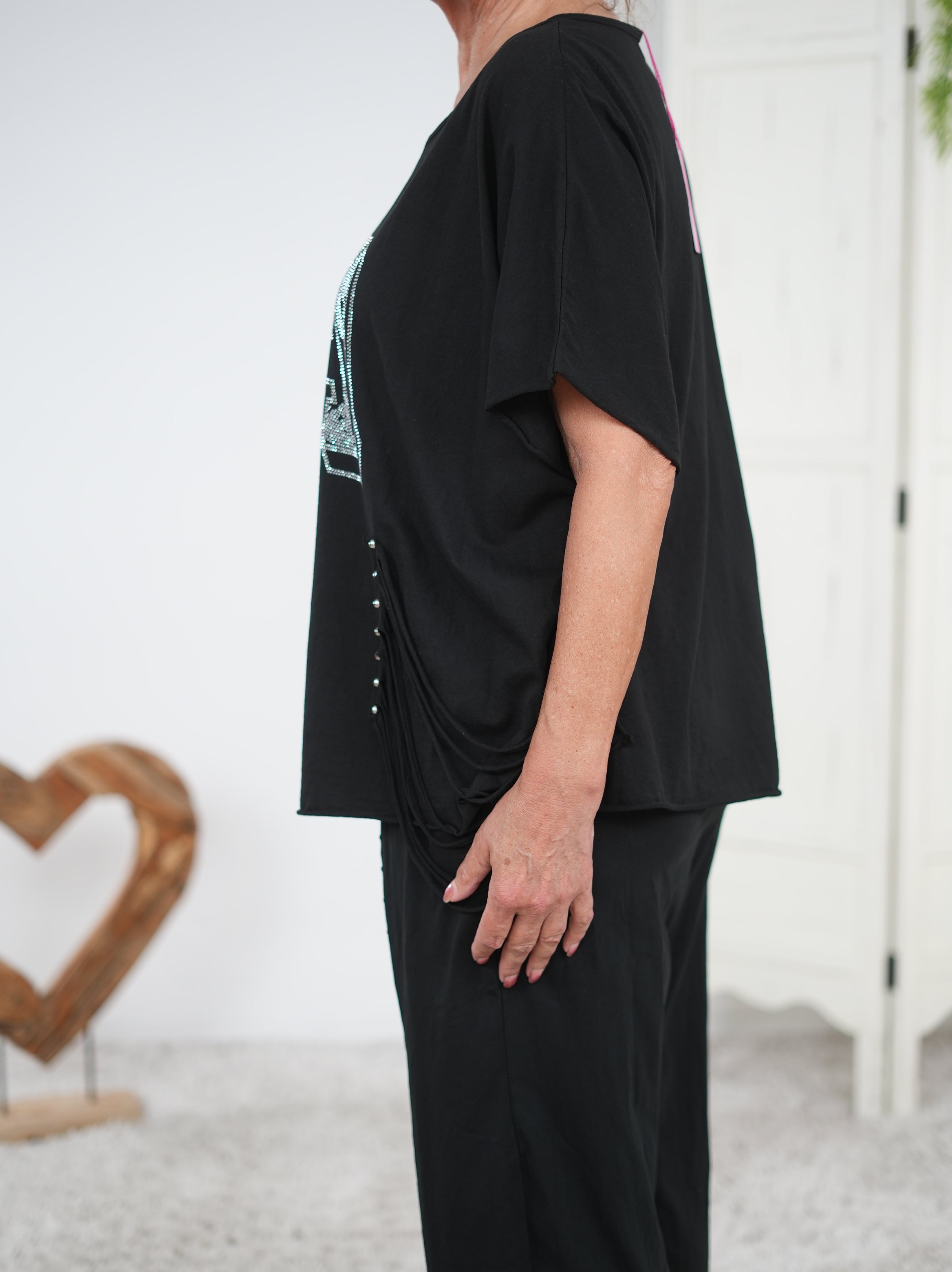 oversize Shirt mit Rundhalsausschnitt und großem Motiv aus Strasssteinen