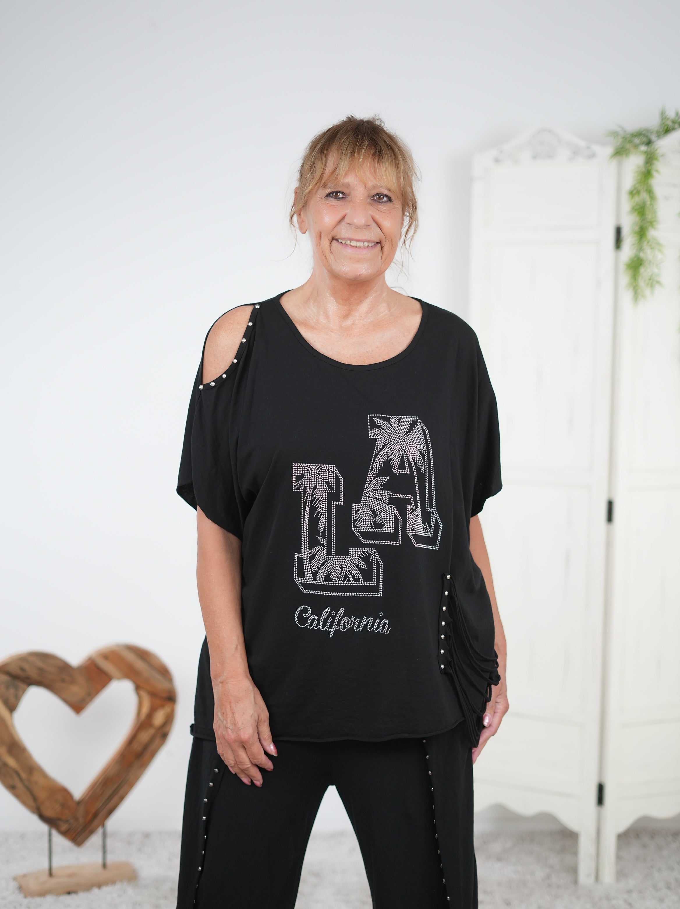oversize Shirt mit Rundhalsausschnitt und großem Motiv aus Strasssteinen Schwarz