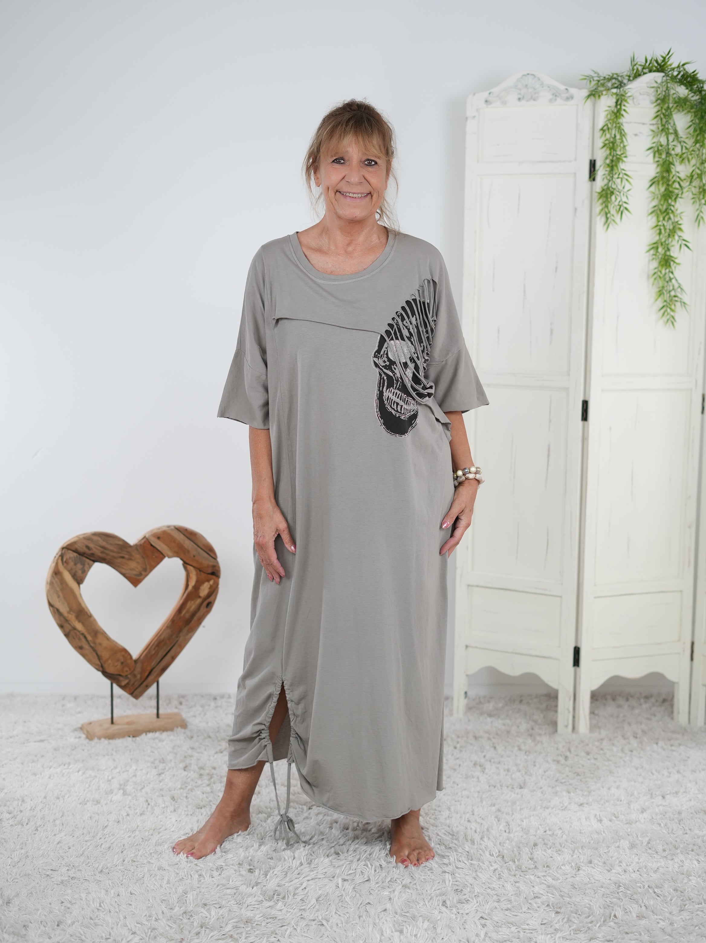 oversized Kleid mit großem Skull Print Taupe