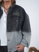 ausgefallene Jeans Jacke mit großem Motiv, zweifarbig