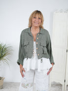 Crop Leinen Jacke mit Knopfleiste Olive