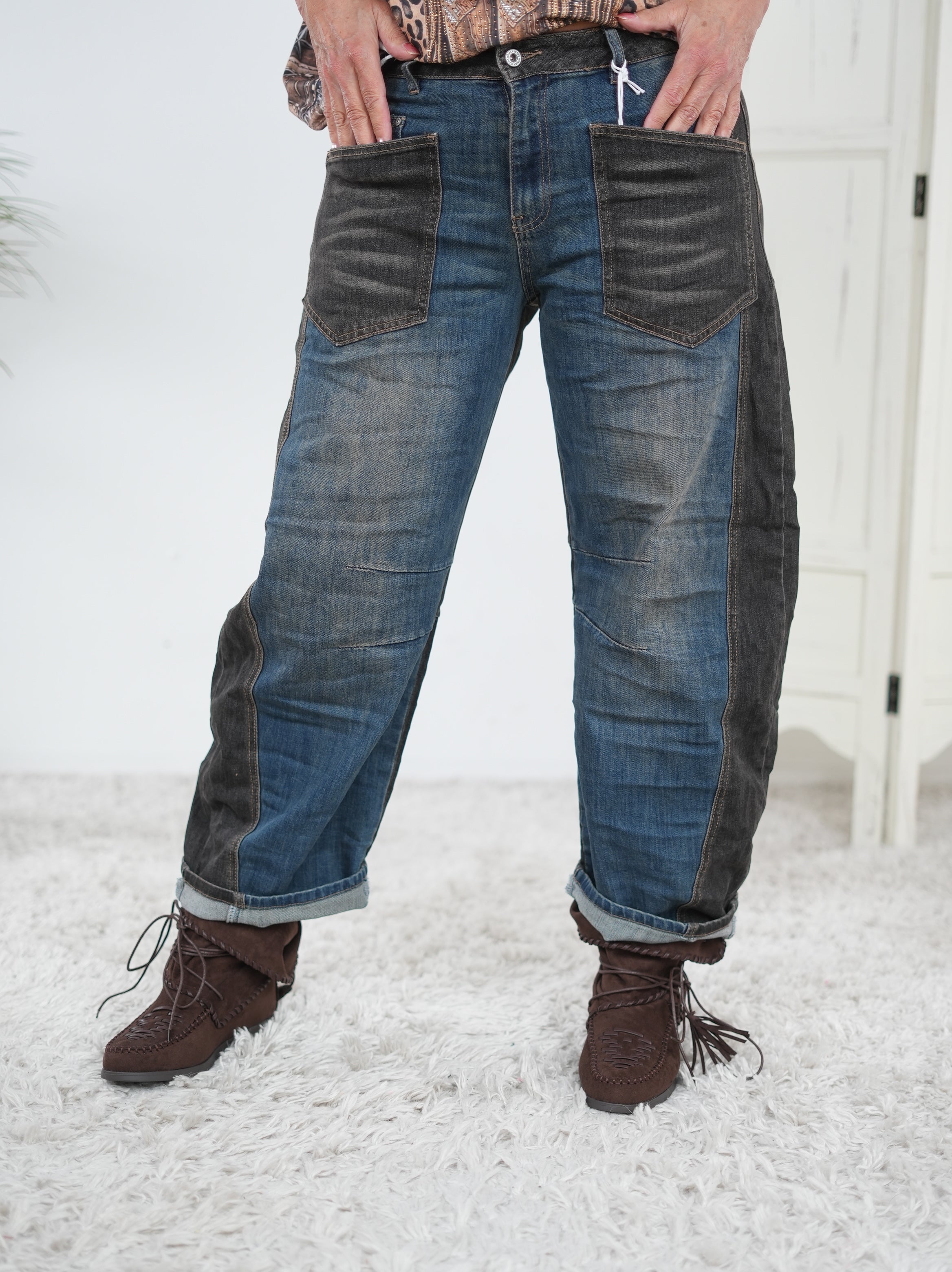 Lässige Barrel Jeans, zweifarbig