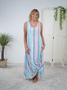 Sommerkleid mit Raffung in Streifen Blau