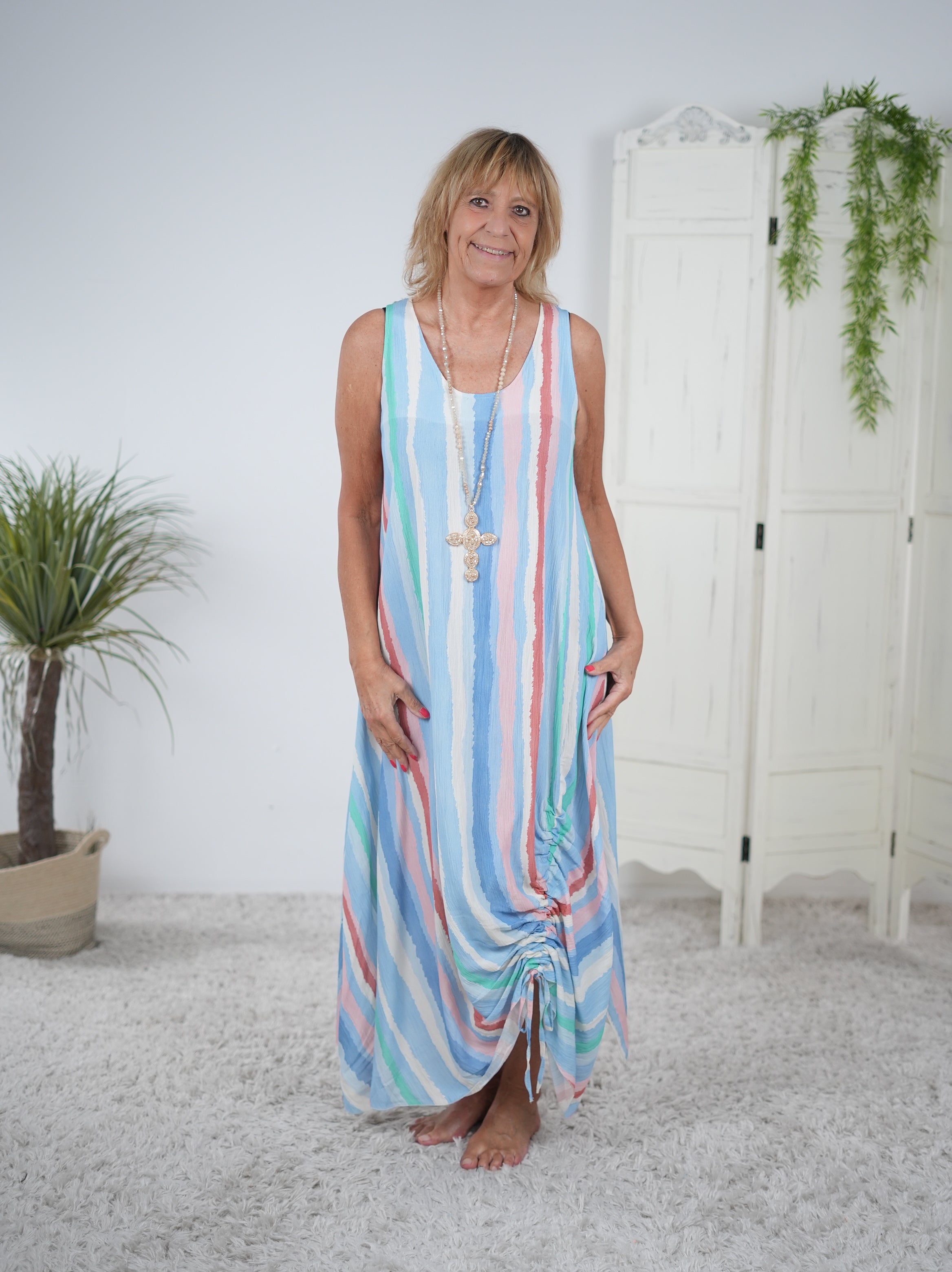 Sommerkleid mit Raffung in Streifen Blau