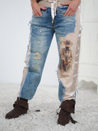 ausgefallene Hose mit Jeans Elementen und großem Motiv Variante Frau