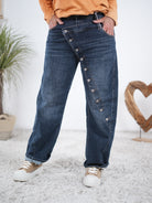 Barrel Jeans mit diagonaler Knopfleiste, dark blue