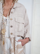Crop Leinen Jacke mit Knopfleiste