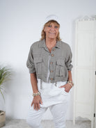 Crop Leinen Jacke mit Knopfleiste Taupe