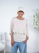 Crop Shirt im destroyed Look und Schriftzug One Size (ca Gr. 38 "oversize"-42 44) Vanille