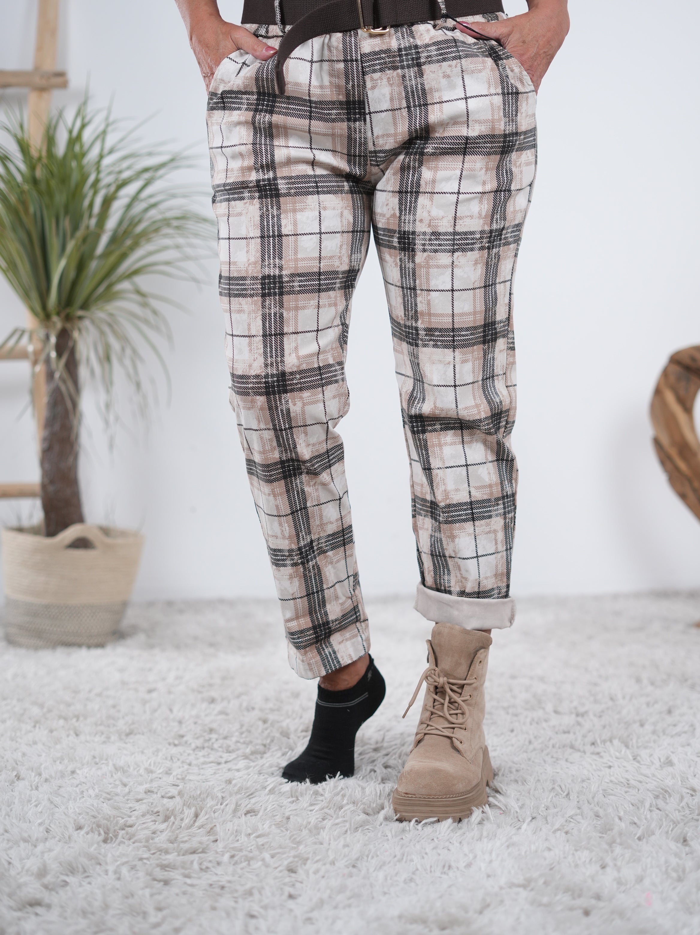karierte Pants mit Gürtel Beige