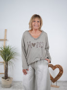 langarm Shirt mit "Happy" Schriftzug Taupe