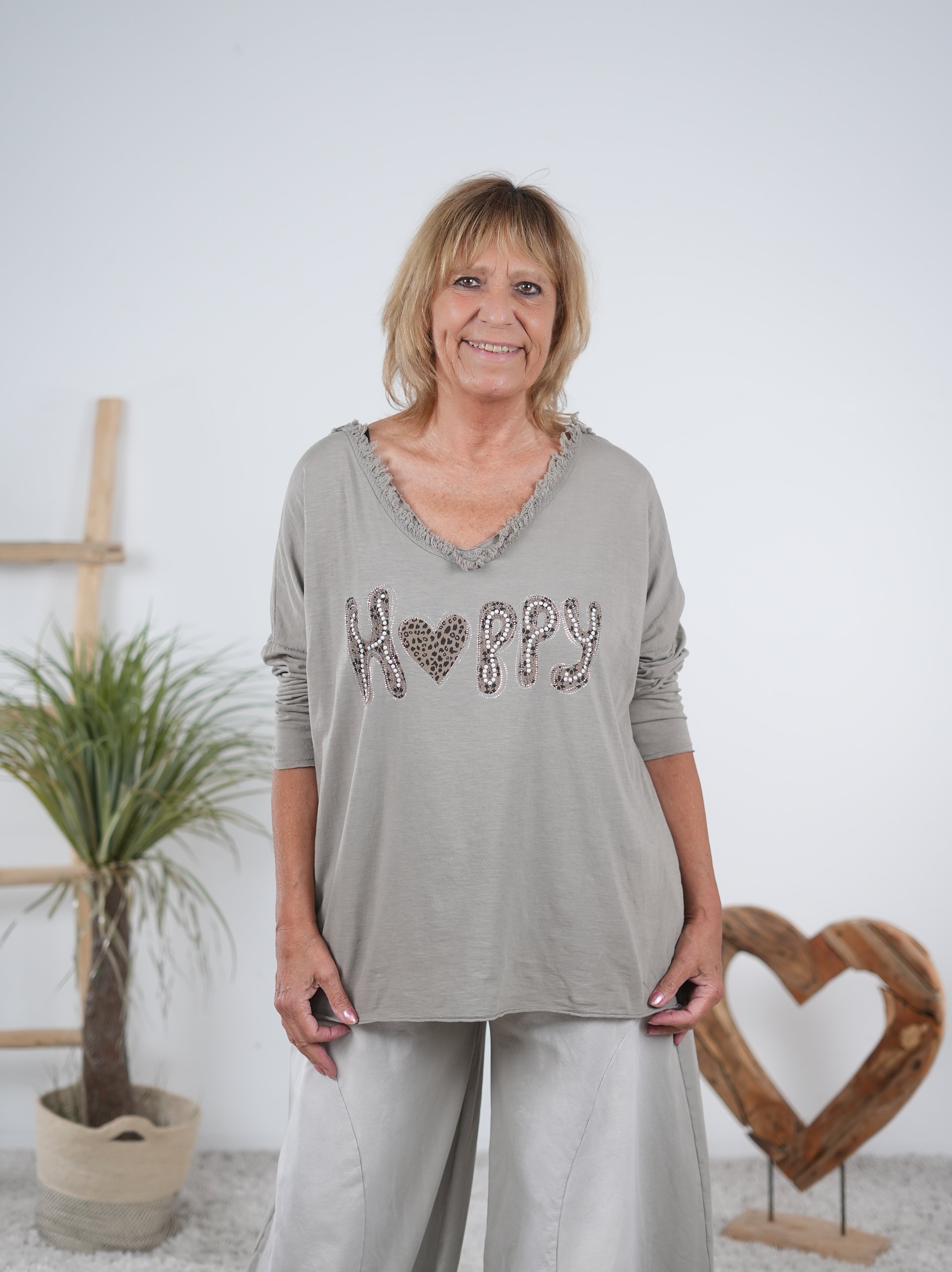 langarm Shirt mit "Happy" Schriftzug