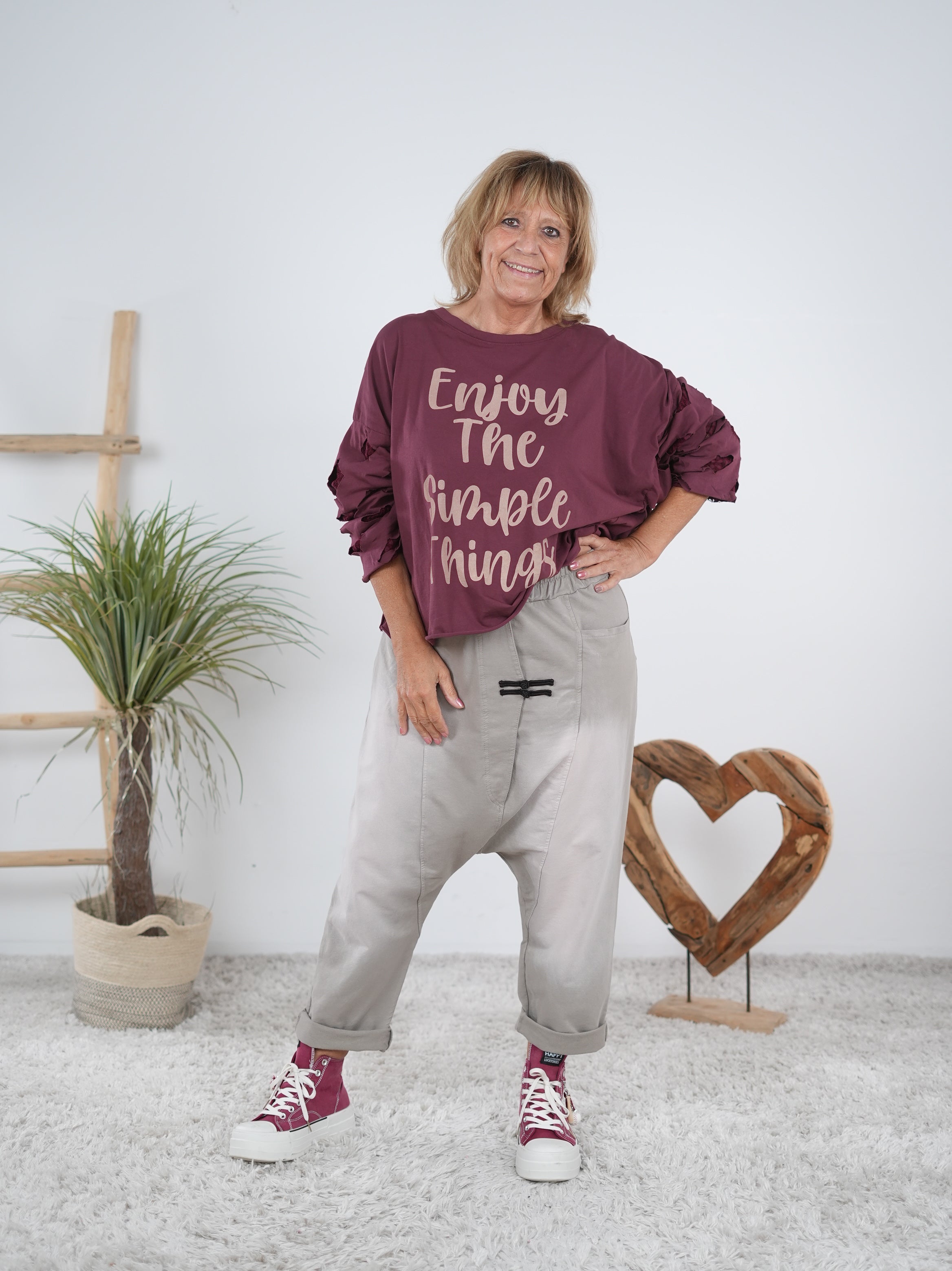 langarm Shirt Schriftzug und auffälligen Ärmeln Bordeaux
