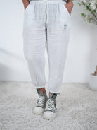 Luftige Leinen Pants mit Gummibund am Beinabschluss Einheitsgröße (ca Gr. 38-42) Weiß