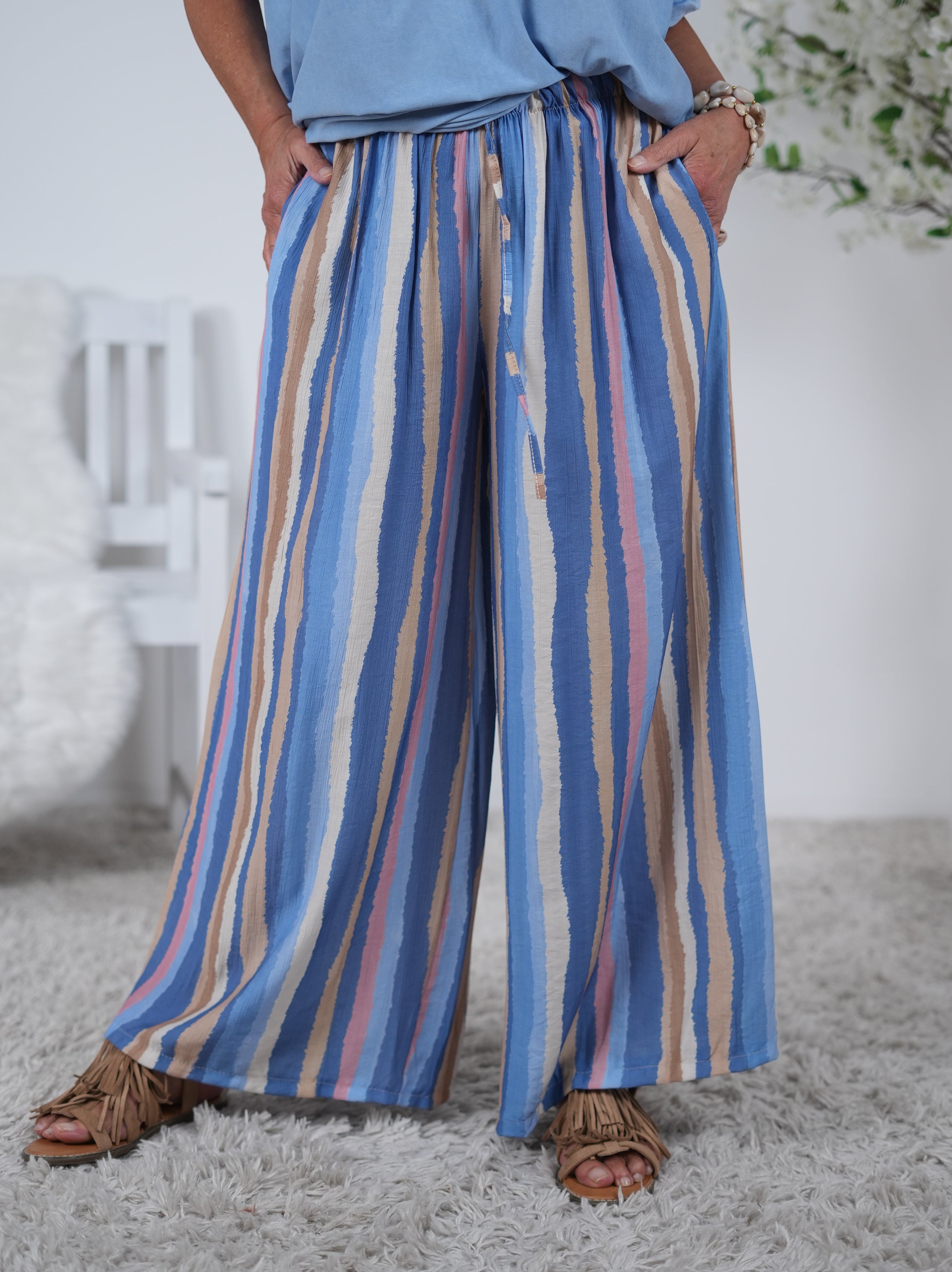leichte Marlene Hose im Streifen Design Blau Beige