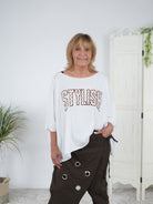 leichter oversize Poncho mit Schriftzug Weiß