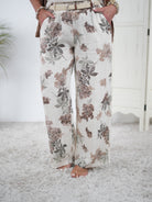 Luftige Leinen Marlene Hose mit Blumen Motiv Beige