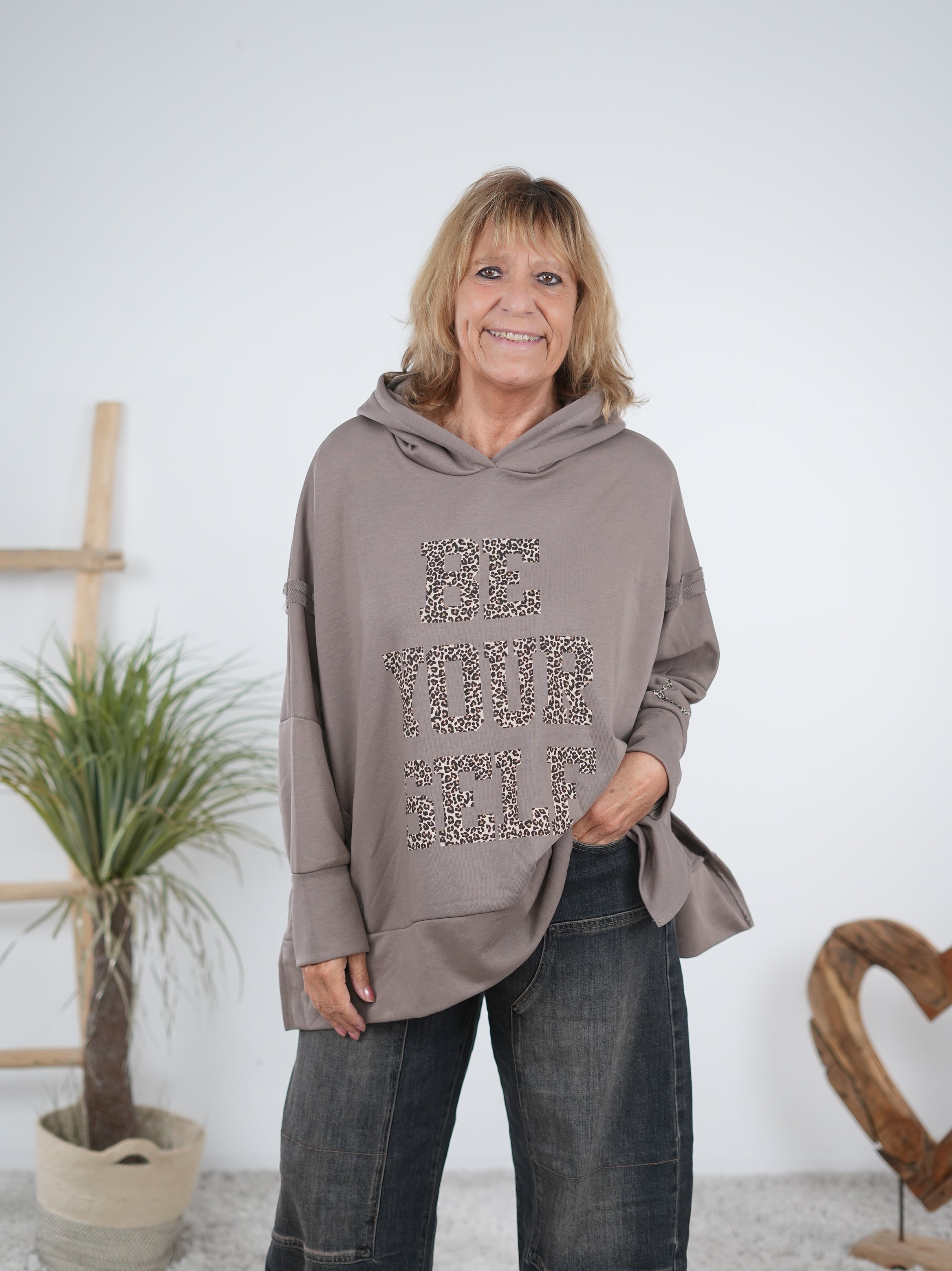 oversize Hoody mit großem Leo Print und Ärmelbündchen Taupe