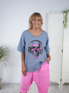 oversize Leinen Shirt mit Totenkopf Motiv