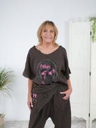 oversize Leinen Shirt mit Totenkopf Motiv Schoko