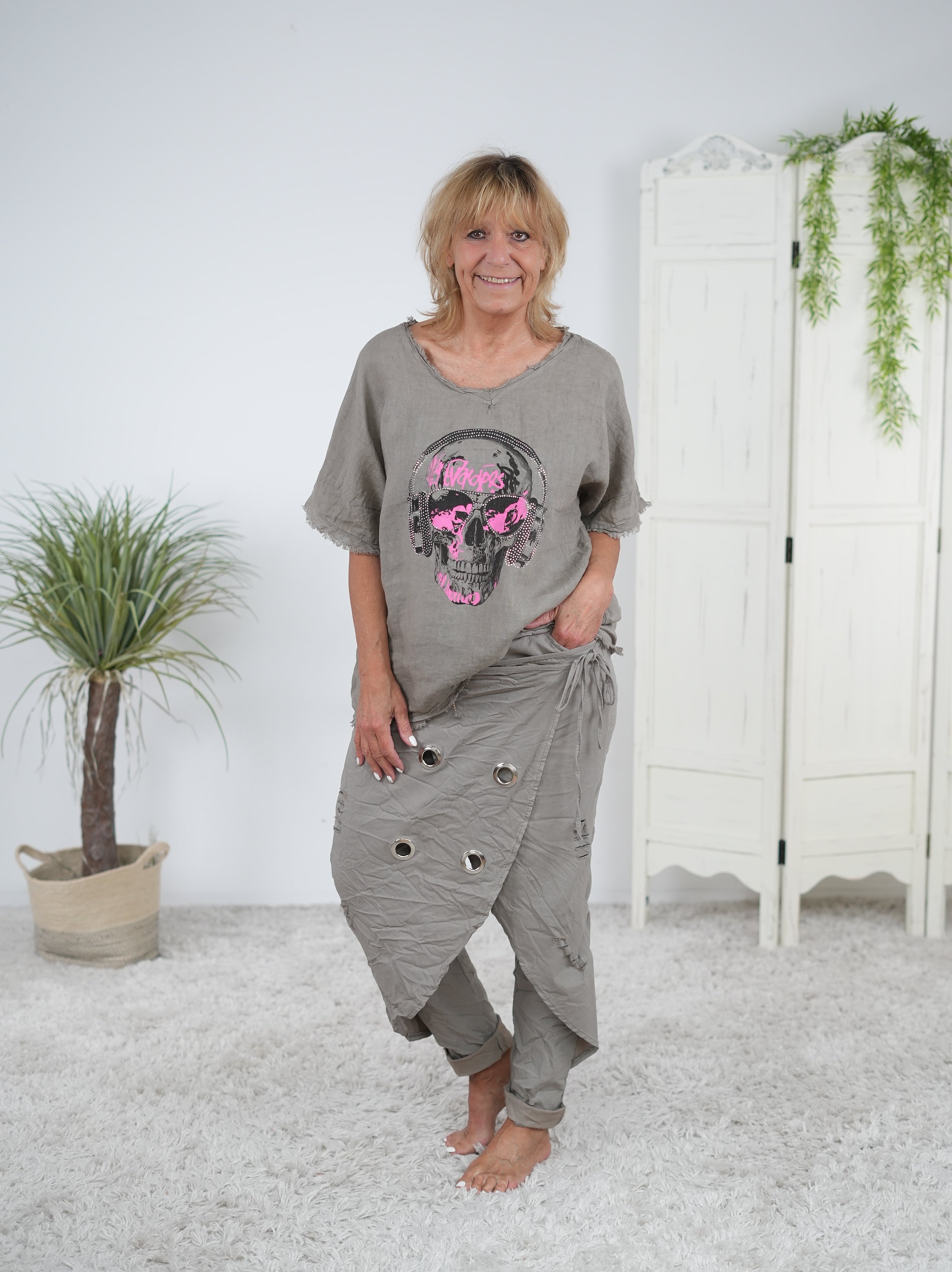oversize Leinen Shirt mit Totenkopf Motiv