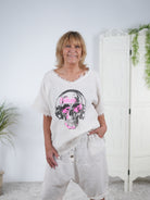 oversize Leinen Shirt mit Totenkopf Motiv