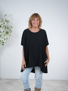 oversize Basic Shirt im Vokuhila Schnitt One Size (ca Gr. 42 44 "oversize"-48 50) Schwarz