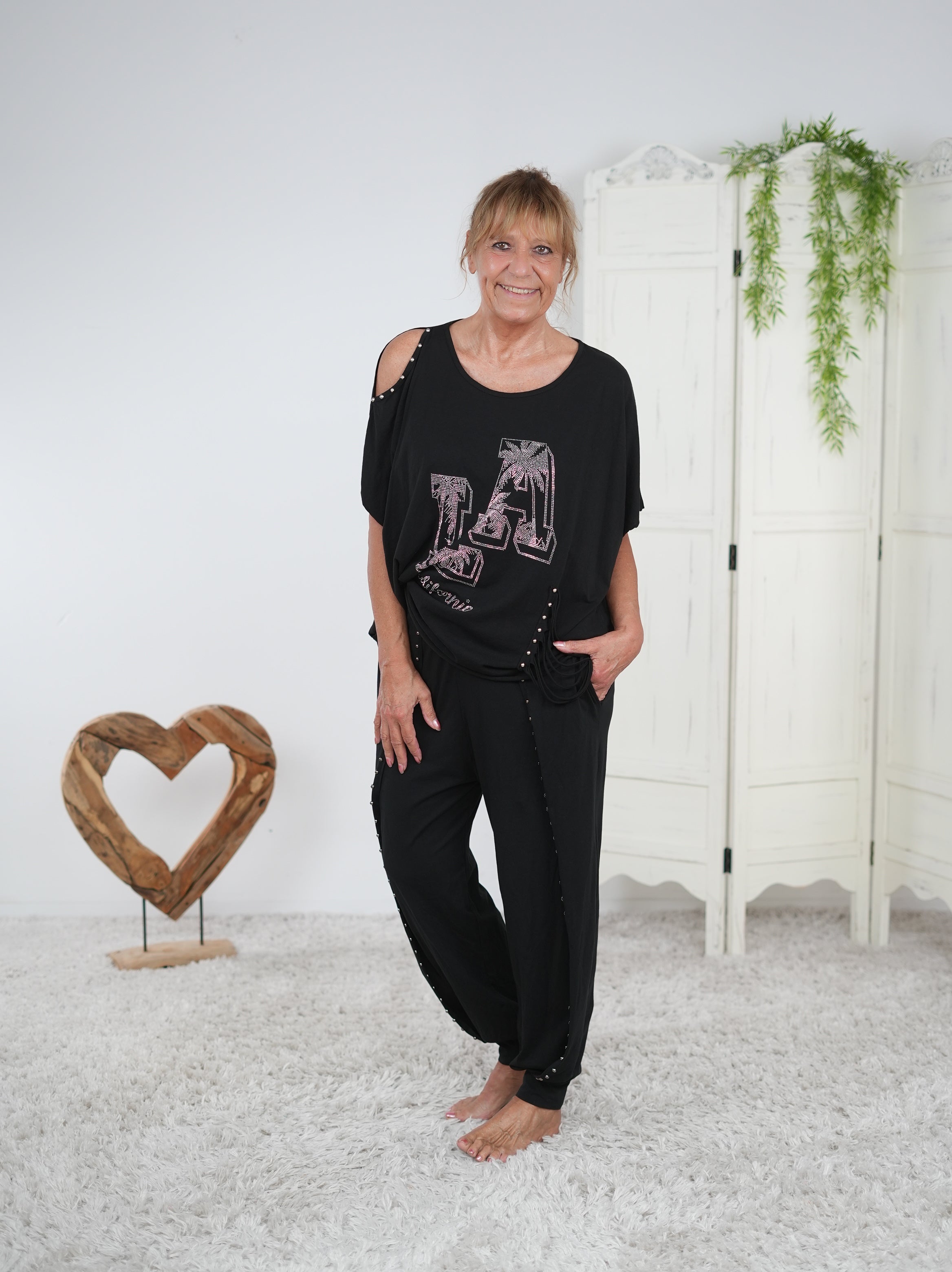 oversize Shirt mit Rundhalsausschnitt und großem Motiv aus Strasssteinen