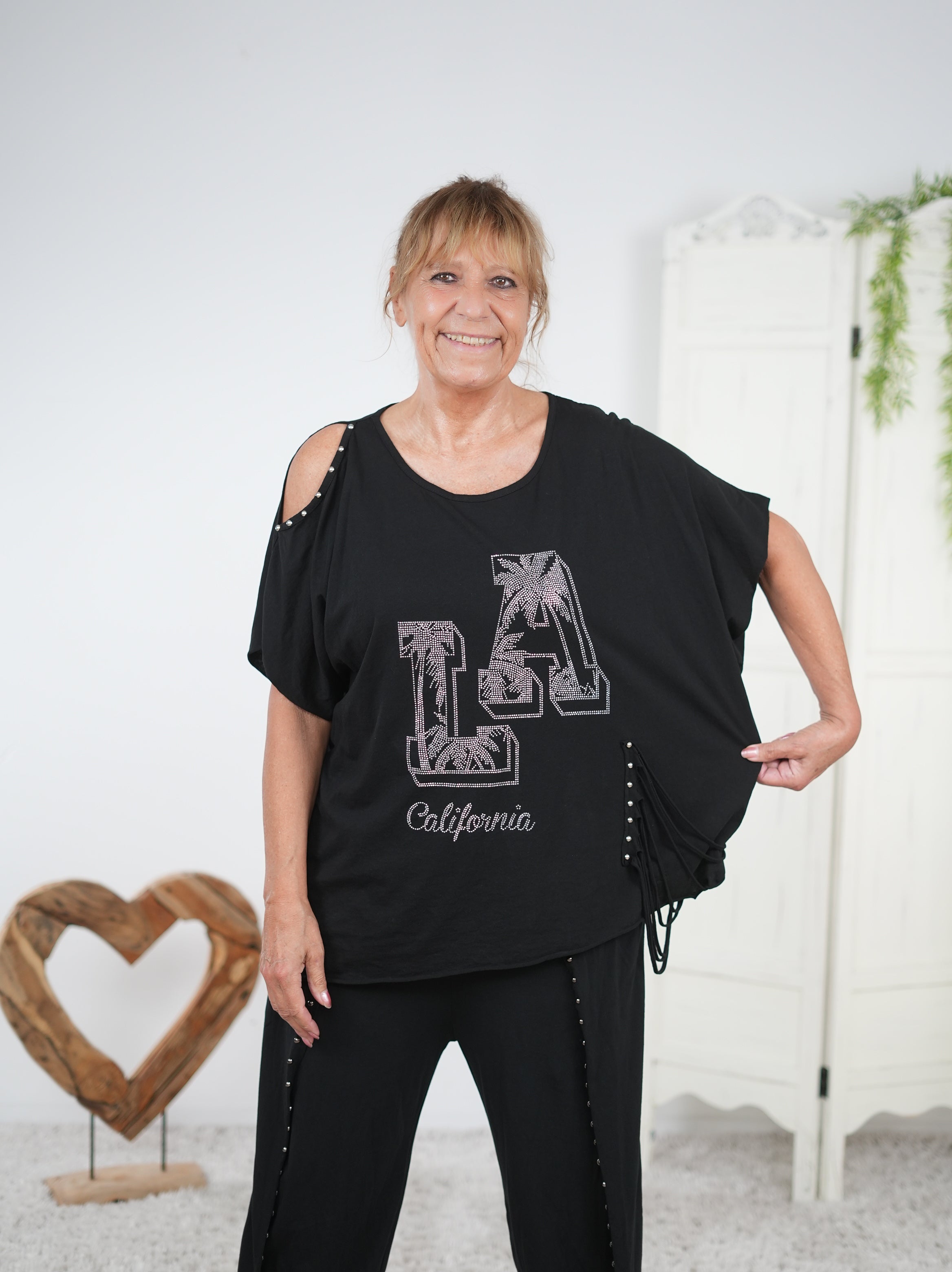 oversize Shirt mit Rundhalsausschnitt und großem Motiv aus Strasssteinen