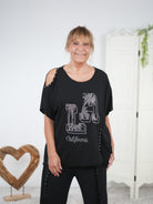 oversize Shirt mit Rundhalsausschnitt und großem Motiv aus Strasssteinen Schwarz