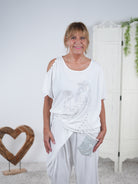 oversize Shirt mit Rundhalsausschnitt und großem Motiv aus Strasssteinen Weiß