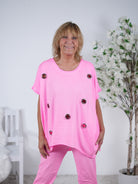 oversize Shirt mit Rundhalsausschnitt und Ösen Neon Pink