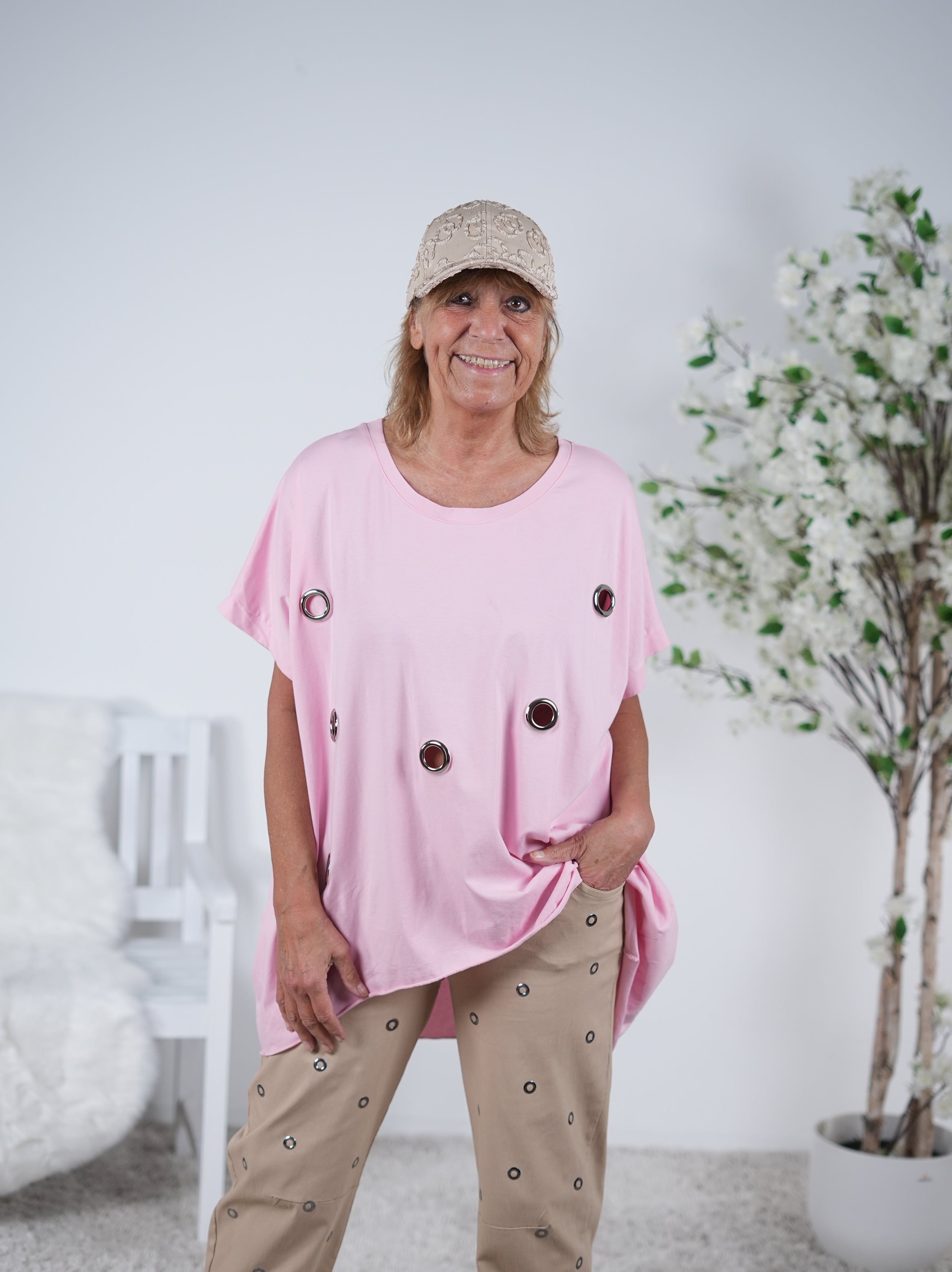 oversize Shirt mit Rundhalsausschnitt und Ösen Rosa