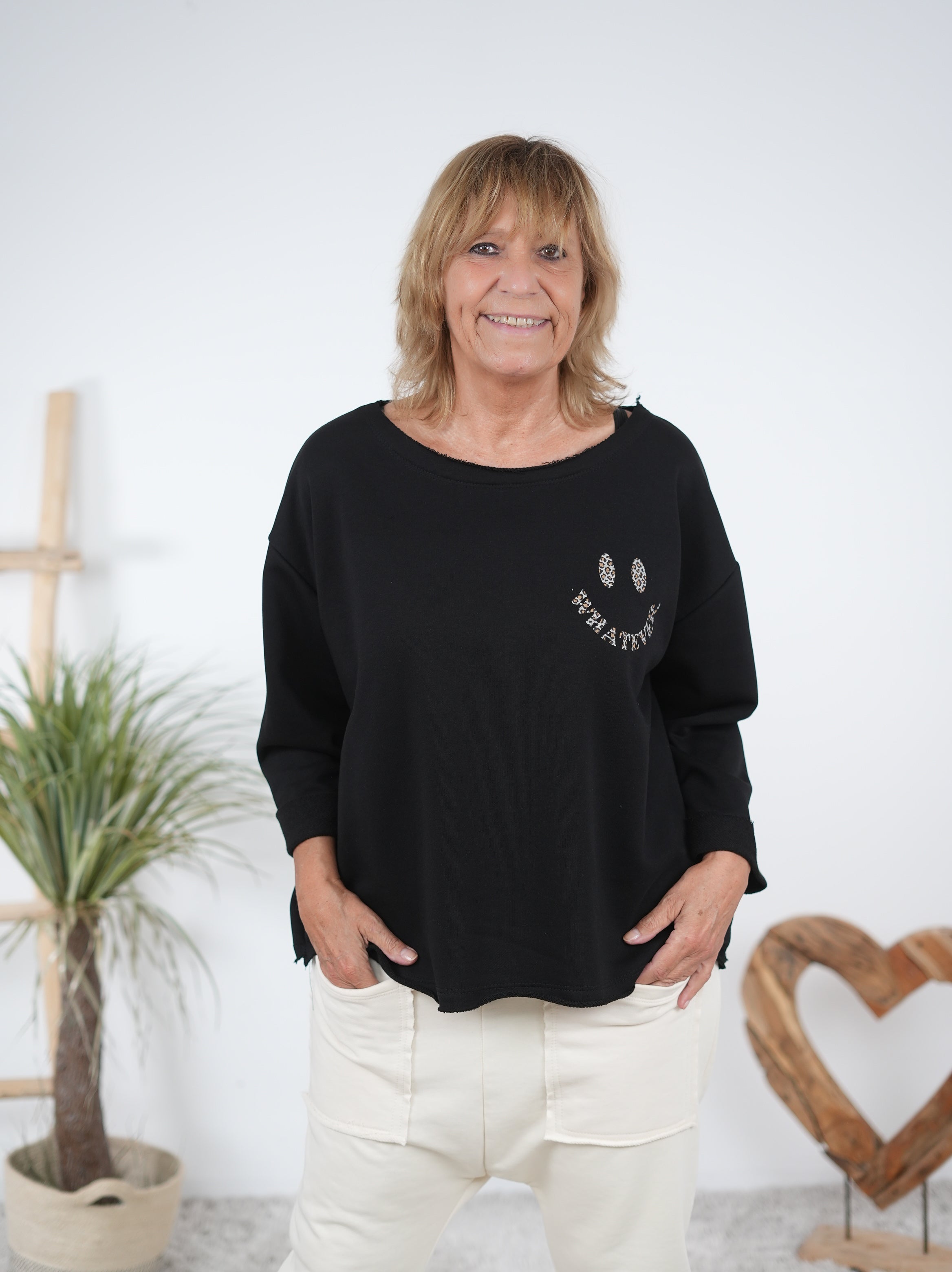 Süßes Sweaty mit Smiley Print Schwarz