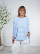 Vokuhila Shirt, langarm One Size (ca Größe 40 "oversize"-48) Hellblau Weiß